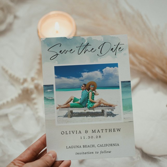 Modern Watercolor Oceanstrand Två Bilder  Spara Datumet (Skapare uppladdad)