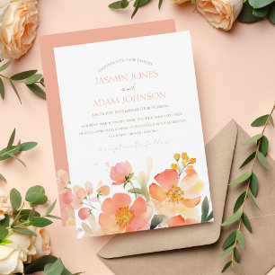 Modern Watercolor Orange Peach Blommigt Bröllop Inbjudningar