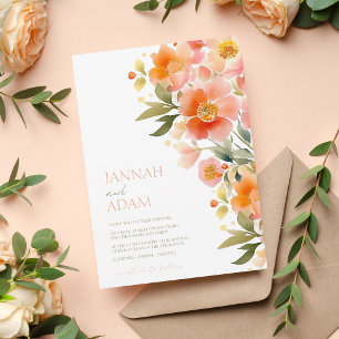 Modern Watercolor Orange Peach Blommigt Bröllop Inbjudningar