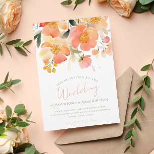 Modern Watercolor Orange Peach Blommigt Bröllop Inbjudningar