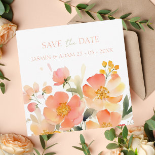 Modern Watercolor Orange Peach Blommigt Bröllop Spara Datumet