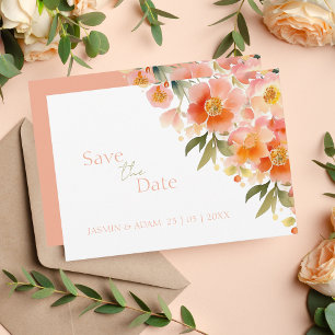 Modern Watercolor Orange Peach Blommigt Bröllop Spara Datumet