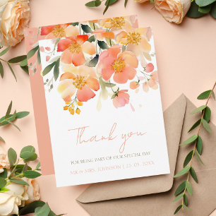 Modern Watercolor Orange Peach Blommigt Bröllop Tack Kort
