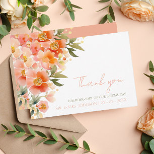 Modern Watercolor Orange Peach Blommigt Bröllop Tack Kort