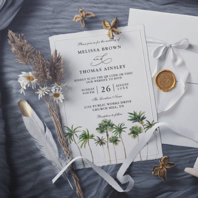 Modern Watercolor Palm Budget QR-kod Bröllop  Inbjudningar (Skapare uppladdad)