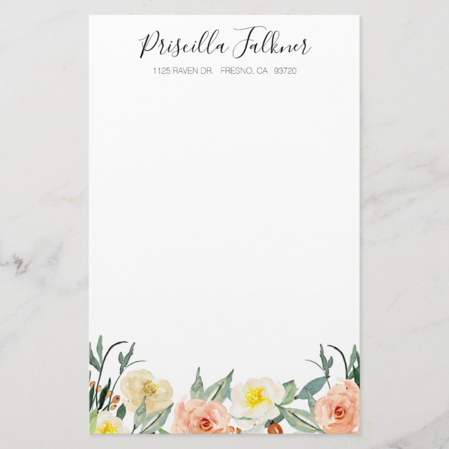 Modern Watercolor Peach Flowers Brevpapper (Framsida)