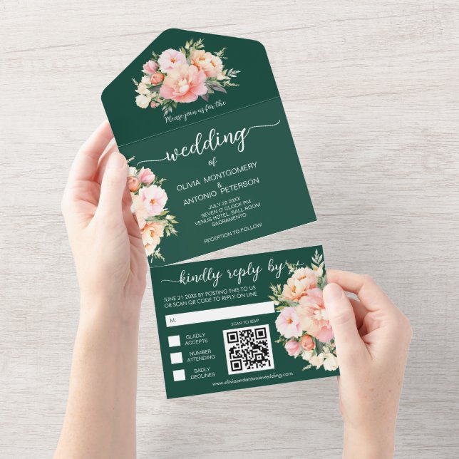 Modern Watercolor Peony Emerald QR Code Bröllop (Avrivbar del)