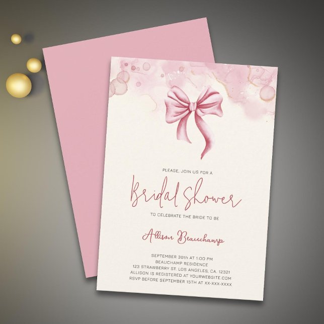 Modern Watercolor Pink Bow Bridal Shower Party Inbjudningar (Skapare uppladdad)