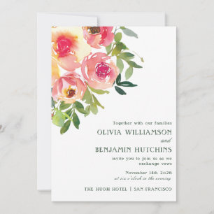 Modern Watercolor Red Rosa Blommigt Bröllop Inbjudningar
