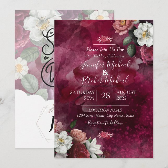 Modern Watercolor Red ruby Burgundy blommigt-tema  Inbjudningar (Fram/baksida)