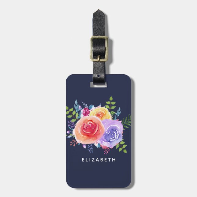 Modern Watercolor Ro Blommigt Bouquet Bagagebricka (Vertikal Framsida)