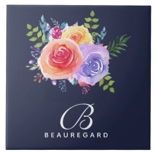 Modern Watercolor Ro Blommigt Bouquet Monogram Kakelplatta