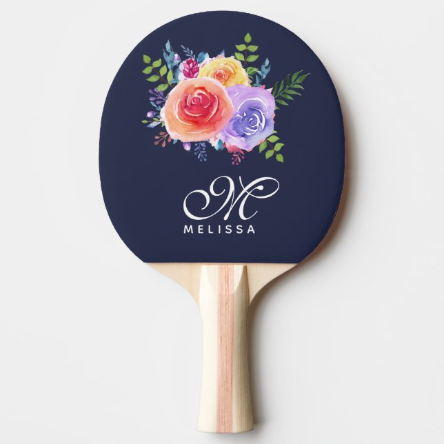 Modern Watercolor Ro Blommigt Bouquet Monogram Pingisracket (Framsidan)