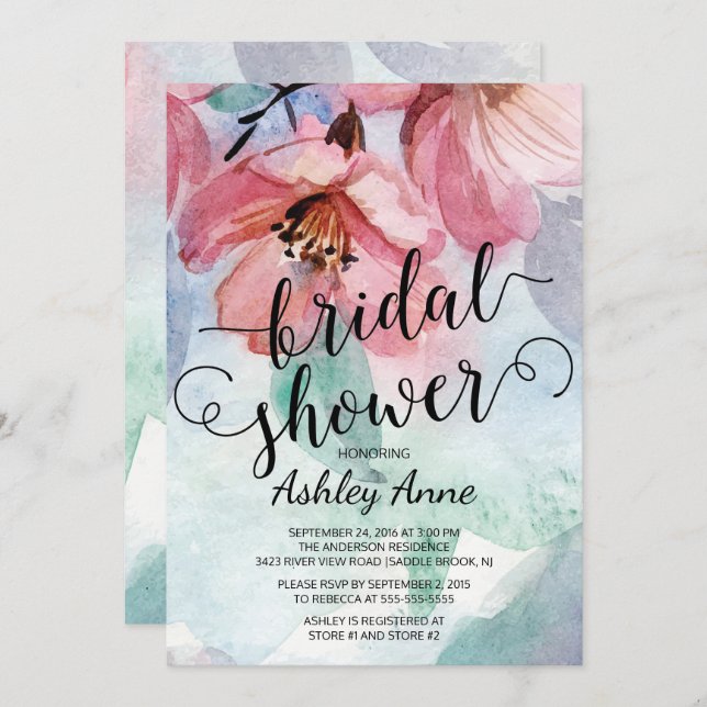 Modern Watercolor Rosa Blommigt Möhippa Inbjudningar (Fram/baksida)