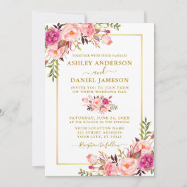 Modern Watercolor Rosa  Blommigt Photo Bröllop Inbjudningar