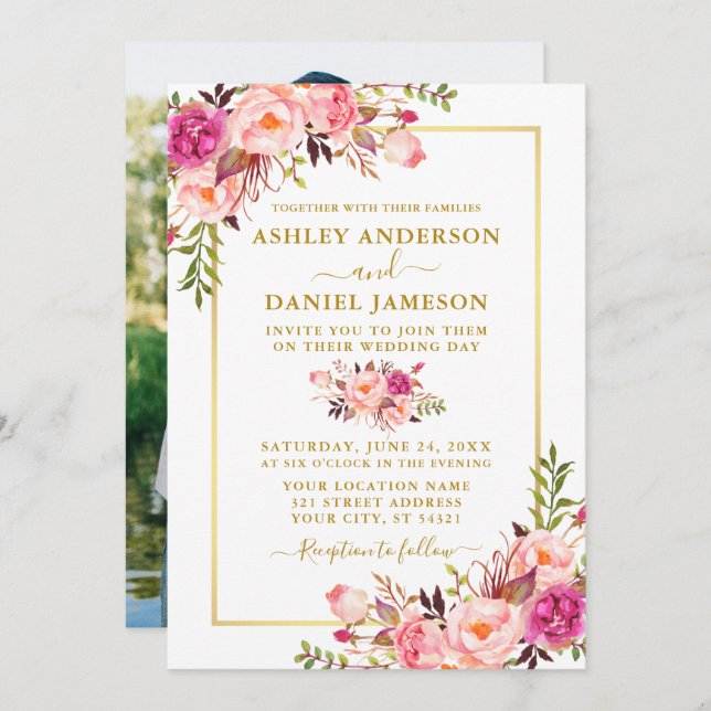 Modern Watercolor Rosa  Blommigt Photo Bröllop Inbjudningar (Fram/baksida)
