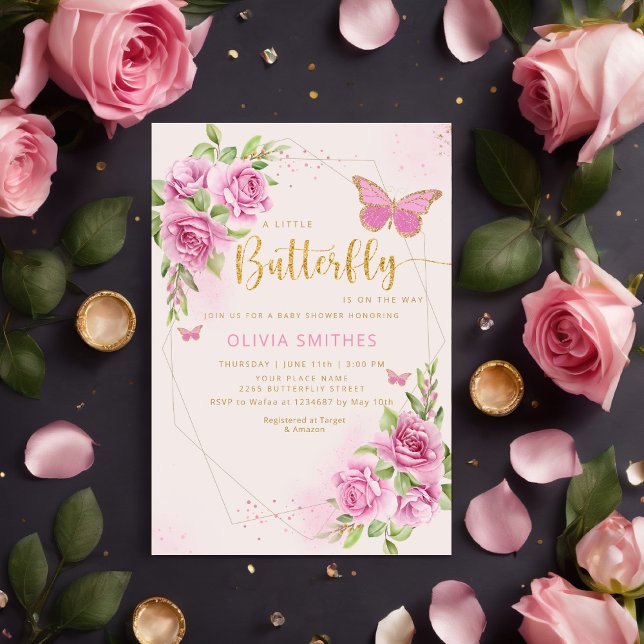 Modern Watercolor Rosa Butterfly Girl Baby Shower Inbjudningar (Skapare uppladdad)