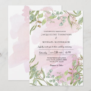 Modern Watercolor Rosa Eucalyptus Greenery Bröllop Inbjudningar