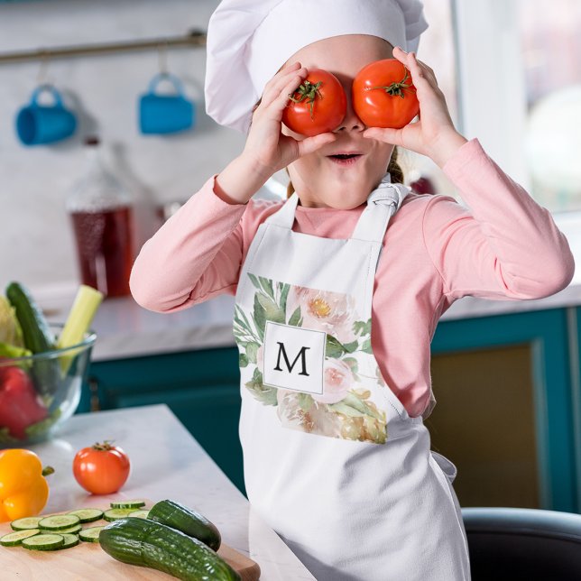 Modern Watercolor Rosa Flowers Monogrammed Barnförkläde (Skapare uppladdad)