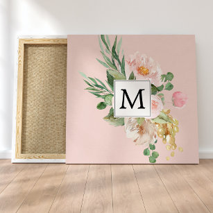 Modern Watercolor Rosa Flowers Monogrammed Canvastryck