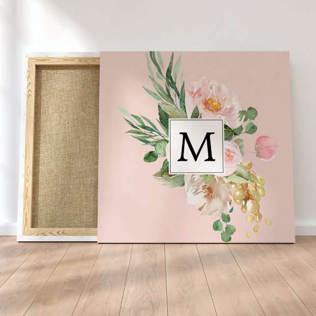 Modern Watercolor Rosa Flowers Monogrammed Canvastryck (Skapare uppladdad)