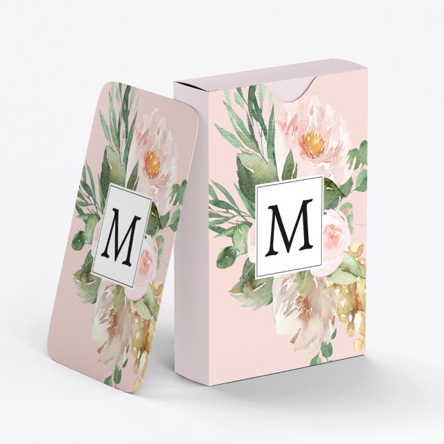 Modern Watercolor Rosa Flowers Monogrammed Casinokort (Skapare uppladdad)