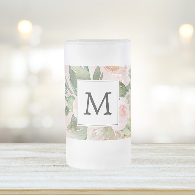 Modern Watercolor Rosa Flowers Monogrammed Frostat Ölglas (Skapare uppladdad)