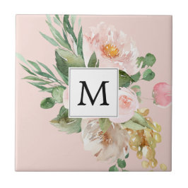 Modern Watercolor Rosa Flowers Monogrammed Kakelplatta