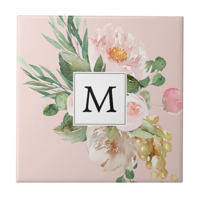 Modern Watercolor Rosa Flowers Monogrammed Kakelplatta (Framsidan)