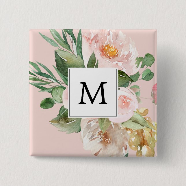 Modern Watercolor Rosa Flowers Monogrammed Knapp (Framsida)