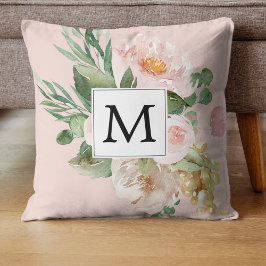 Modern Watercolor Rosa Flowers Monogrammed Kudde
