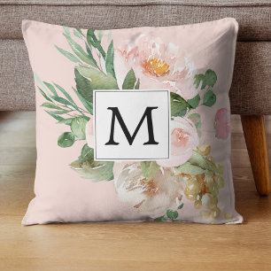 Modern Watercolor Rosa Flowers Monogrammed Kudde