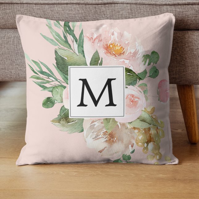 Modern Watercolor Rosa Flowers Monogrammed Kudde (Skapare uppladdad)