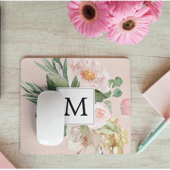Modern Watercolor Rosa Flowers Monogrammed Musmatta (Skapare uppladdad)