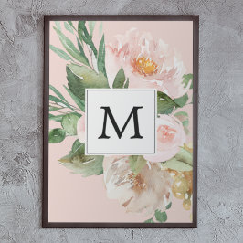 Modern Watercolor Rosa Flowers Monogrammed Poster