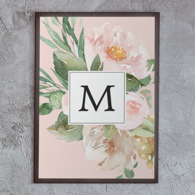 Modern Watercolor Rosa Flowers Monogrammed Poster (Skapare uppladdad)