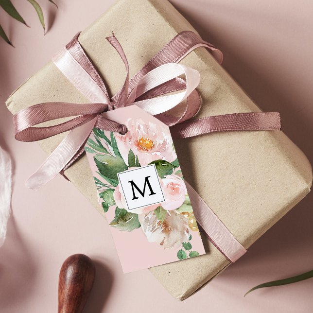 Modern Watercolor Rosa Flowers Monogrammed Presentetikett (Skapare uppladdad)