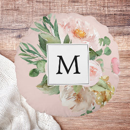 Modern Watercolor Rosa Flowers Monogrammed Rund Kudde