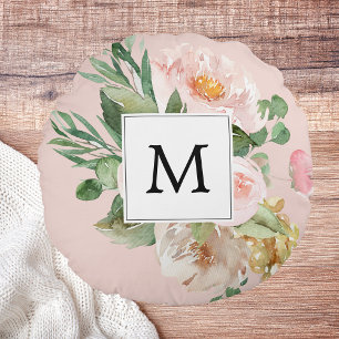 Modern Watercolor Rosa Flowers Monogrammed Rund Kudde