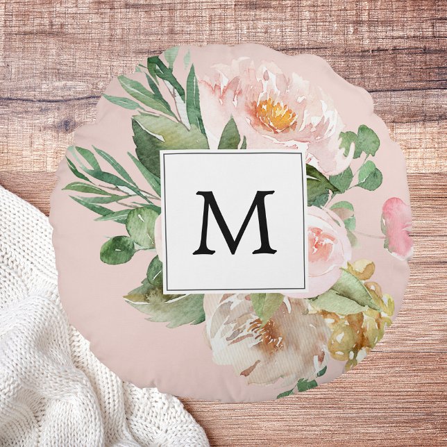 Modern Watercolor Rosa Flowers Monogrammed Rund Kudde (Skapare uppladdad)
