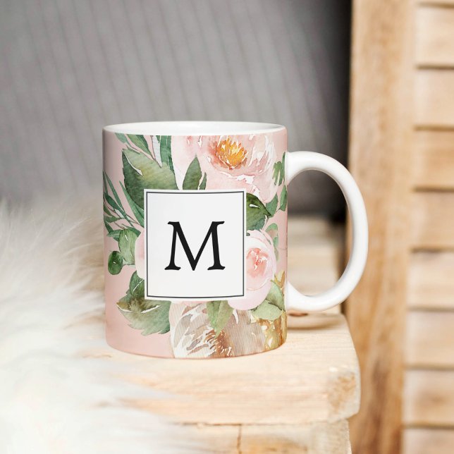 Modern Watercolor Rosa Flowers Monogrammed Två-Tonad Mugg (Skapare uppladdad)