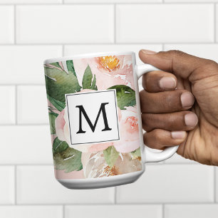 Modern Watercolor Rosa Flowers Monogrammed Två-Tonad Mugg