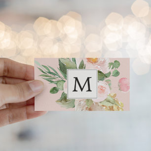 Modern Watercolor Rosa Flowers Monogrammed Visitkort