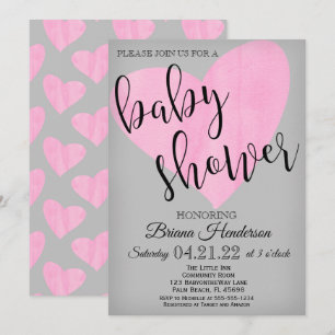 Modern Watercolor Rosa Hjärtat Flicka Baby Shower Inbjudningar