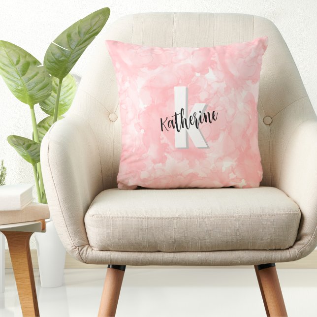 Modern Watercolor Rosa Monogram Kudde (Modern Girly Watercolor Pink Monogram Throw Pillow)