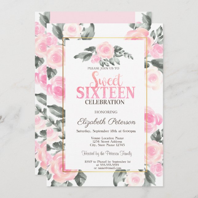 Modern Watercolor Rosa ros Sweet 16 Inbjudningar (Fram/baksida)