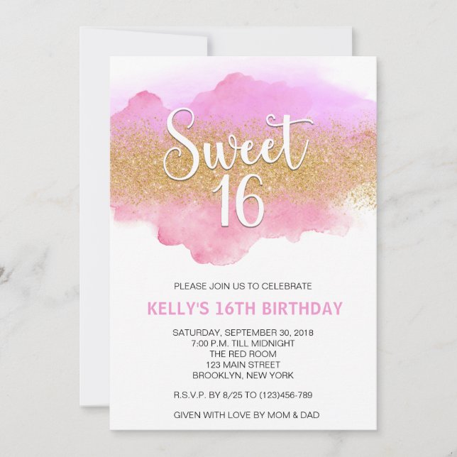Modern Watercolor Rosa Sweet 16 Sexton Inbjudningar (Framsida)