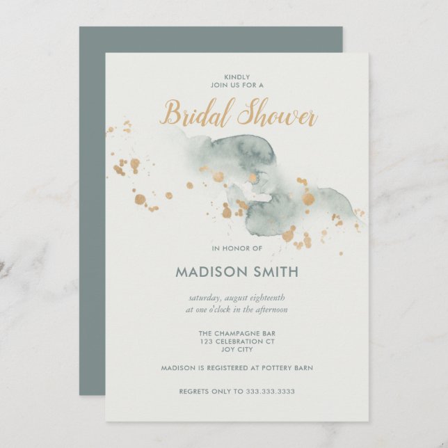 Modern Watercolor Sage Grönt Guld Möhippa Inbjudningar (Fram/baksida)