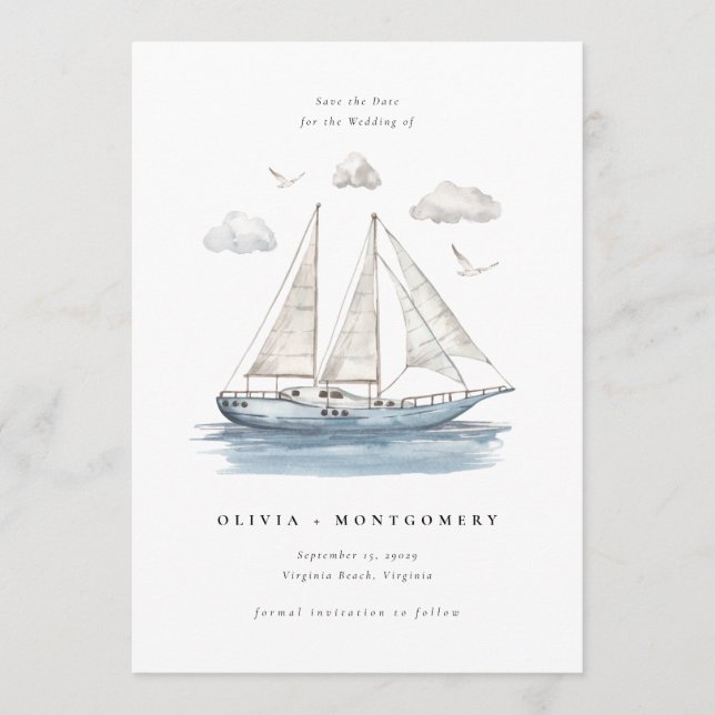 Modern Watercolor Sailing Yacht Save the Date  Inbjudningar (Framsida)