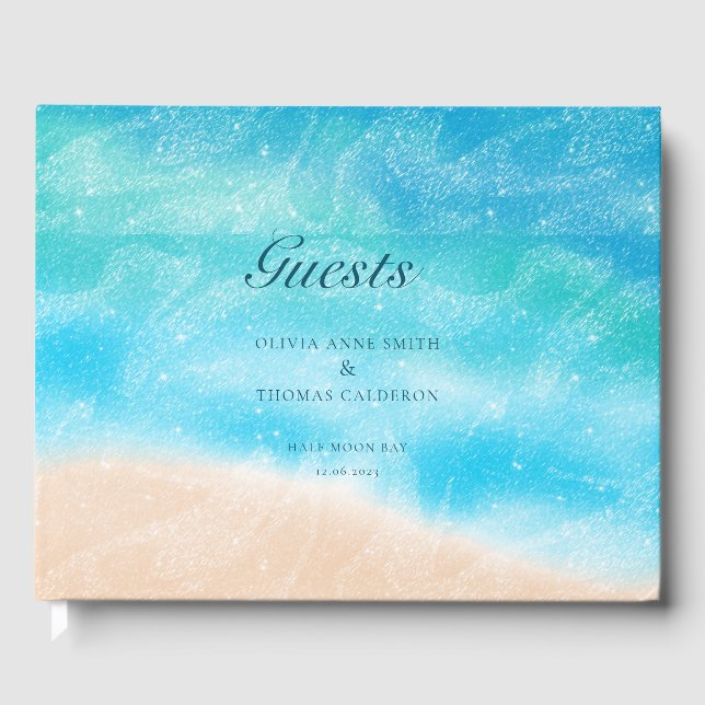 Modern Watercolor Sandy Ocean Beach Wedding Gästböcker (Framsida)